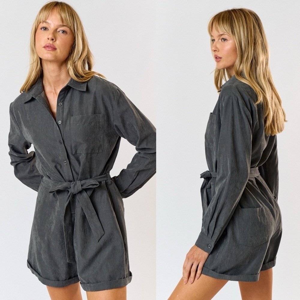 173. Charcoal Gray Belted Long-Sleeve Romper - Effortless Chic & Versatility